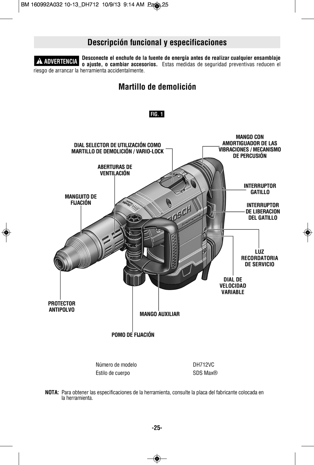 Bosch Power Tools DH712VC manual Descripción funcional y especificaciones, Martillo de demolición 