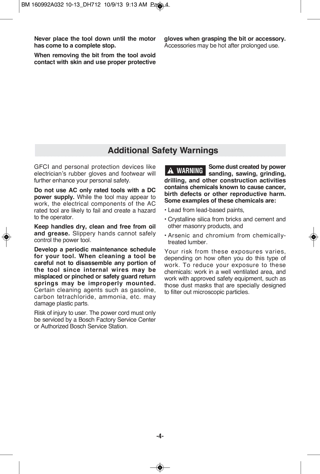 Bosch Power Tools DH712VC manual Additional Safety Warnings 