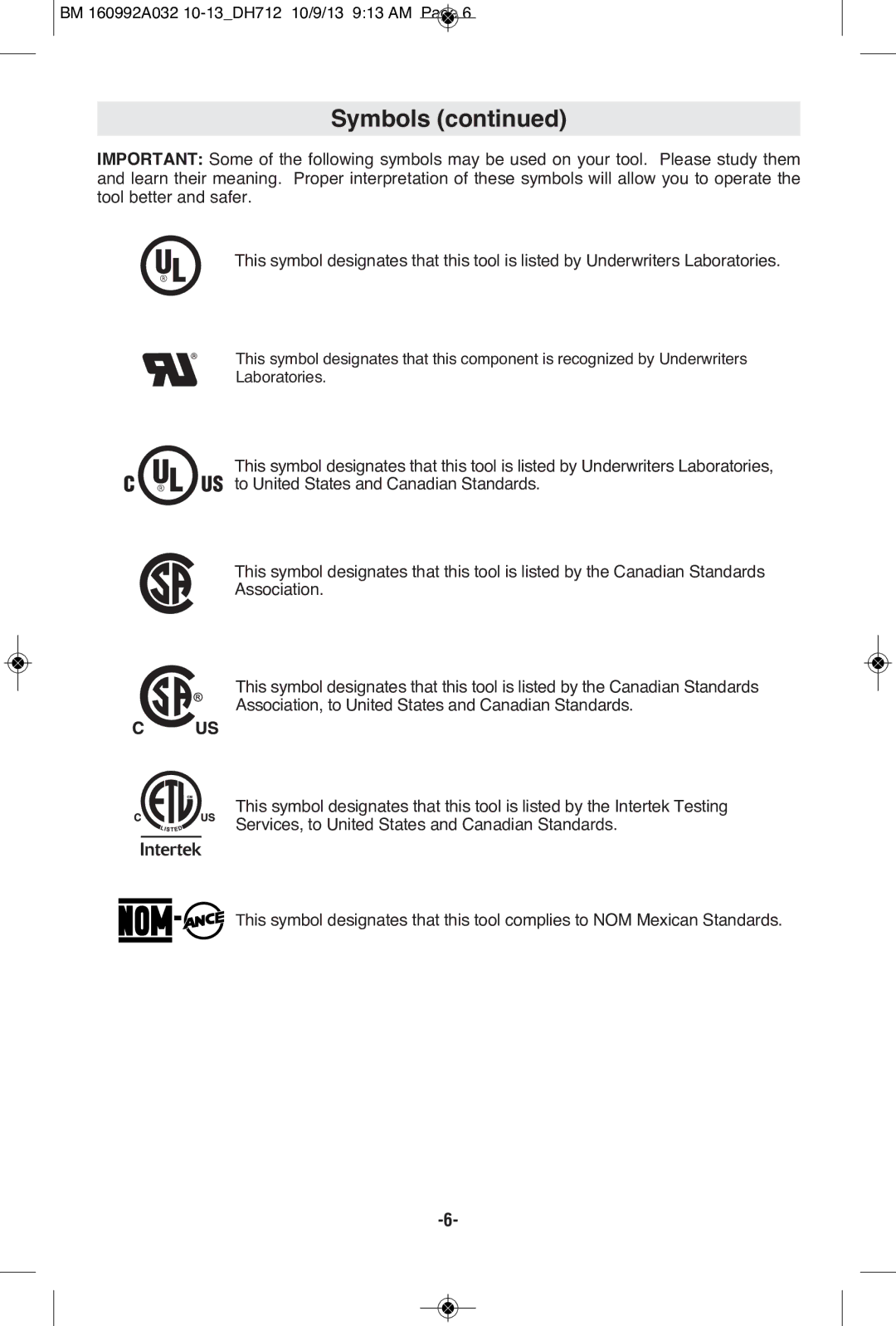 Bosch Power Tools DH712VC manual Symbols 