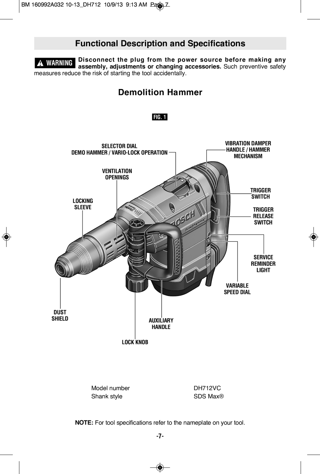 Bosch Power Tools DH712VC manual Functional Description and Specifications, Demolition Hammer 