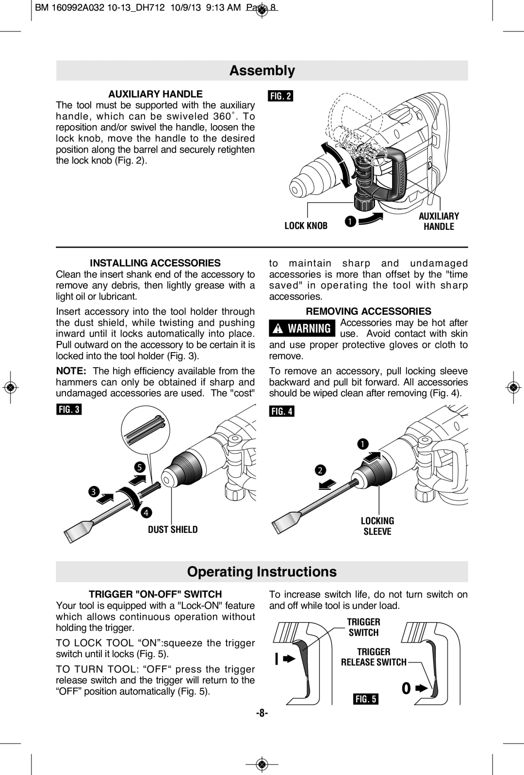 Bosch Power Tools DH712VC manual Assembly, Operating Instructions 