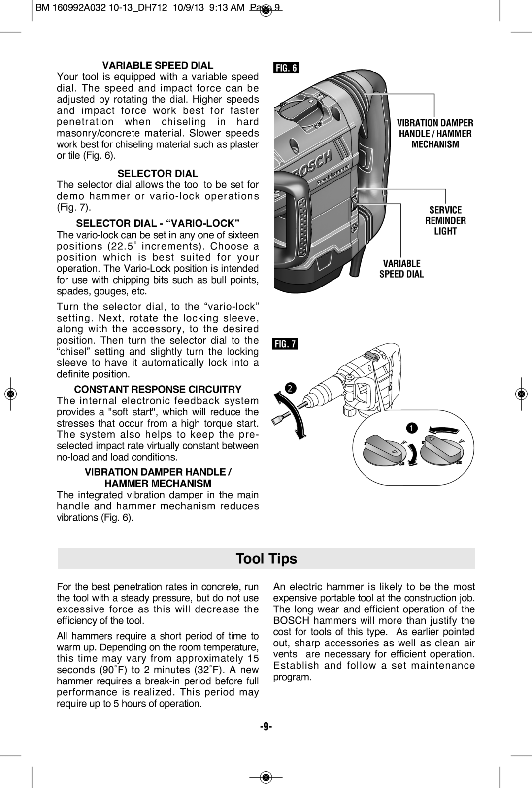 Bosch Power Tools DH712VC manual Tool Tips, Selector Dial VARIO-LOCK, Hammer Mechanism 