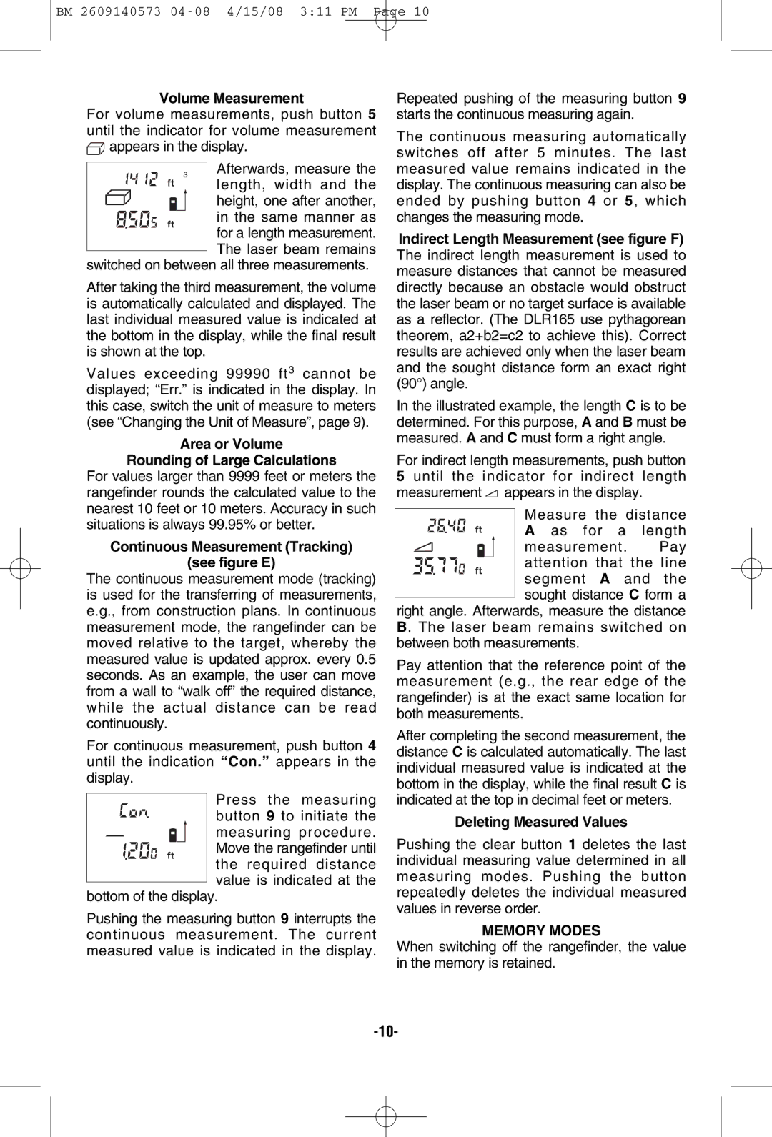 Bosch Power Tools DLR165 manual Volume Measurement, Area or Volume Rounding of Large Calculations, Deleting Measured Values 