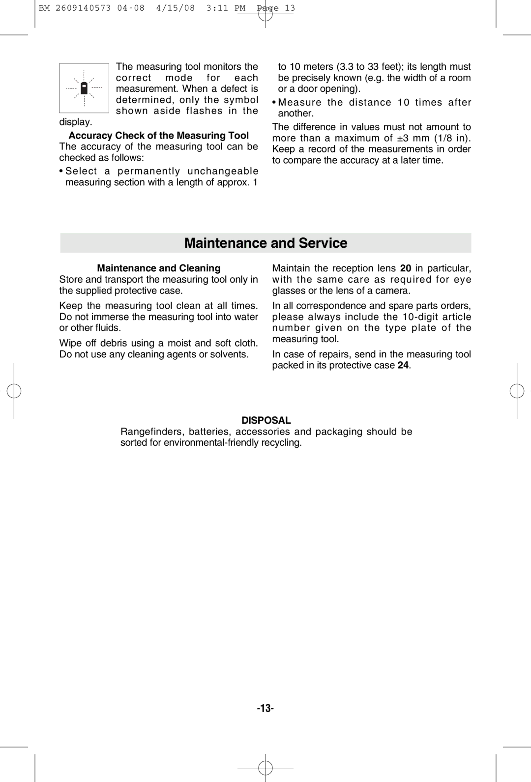 Bosch Power Tools DLR165 manual Maintenance and Service, Maintenance and Cleaning, Disposal 