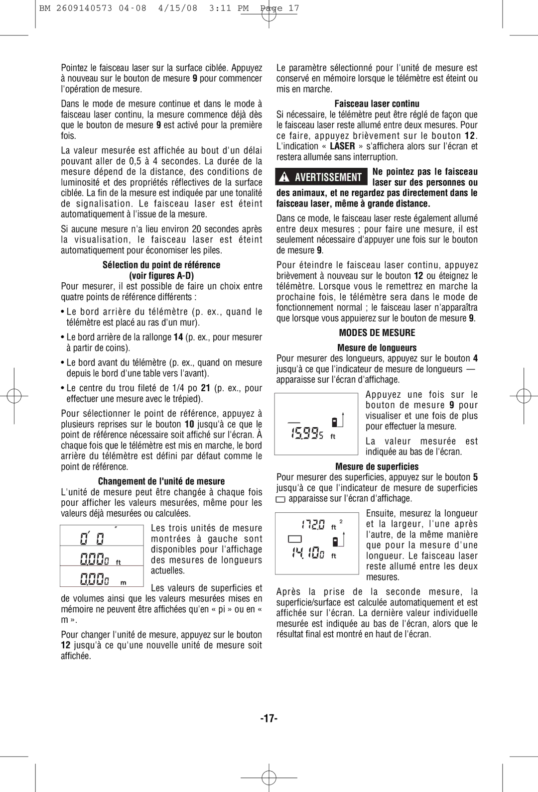 Bosch Power Tools DLR165 manual Modes DE Mesure 