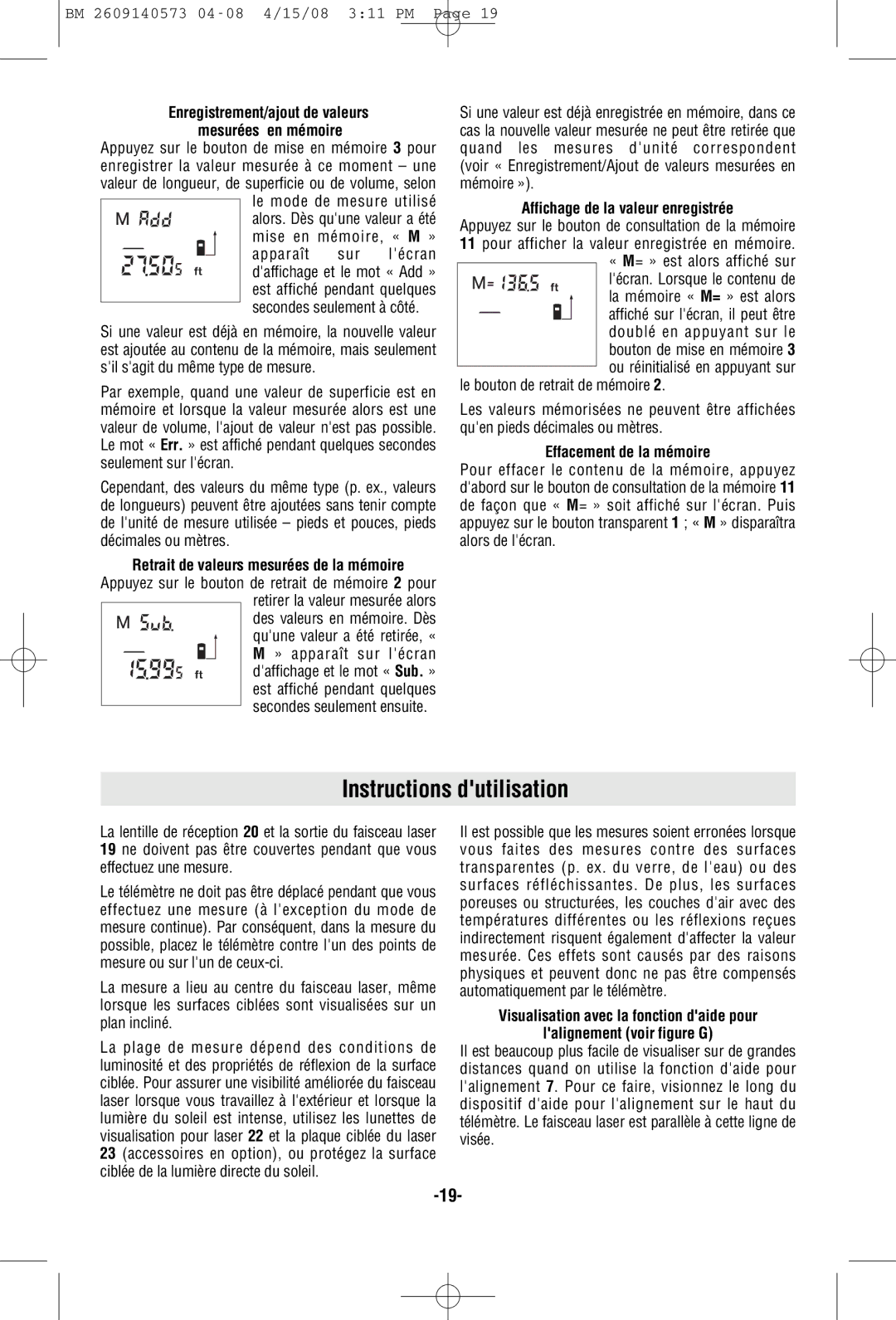 Bosch Power Tools DLR165 manual Instructions dutilisation, Affichage de la valeur enregistrée, Effacement de la mémoire 