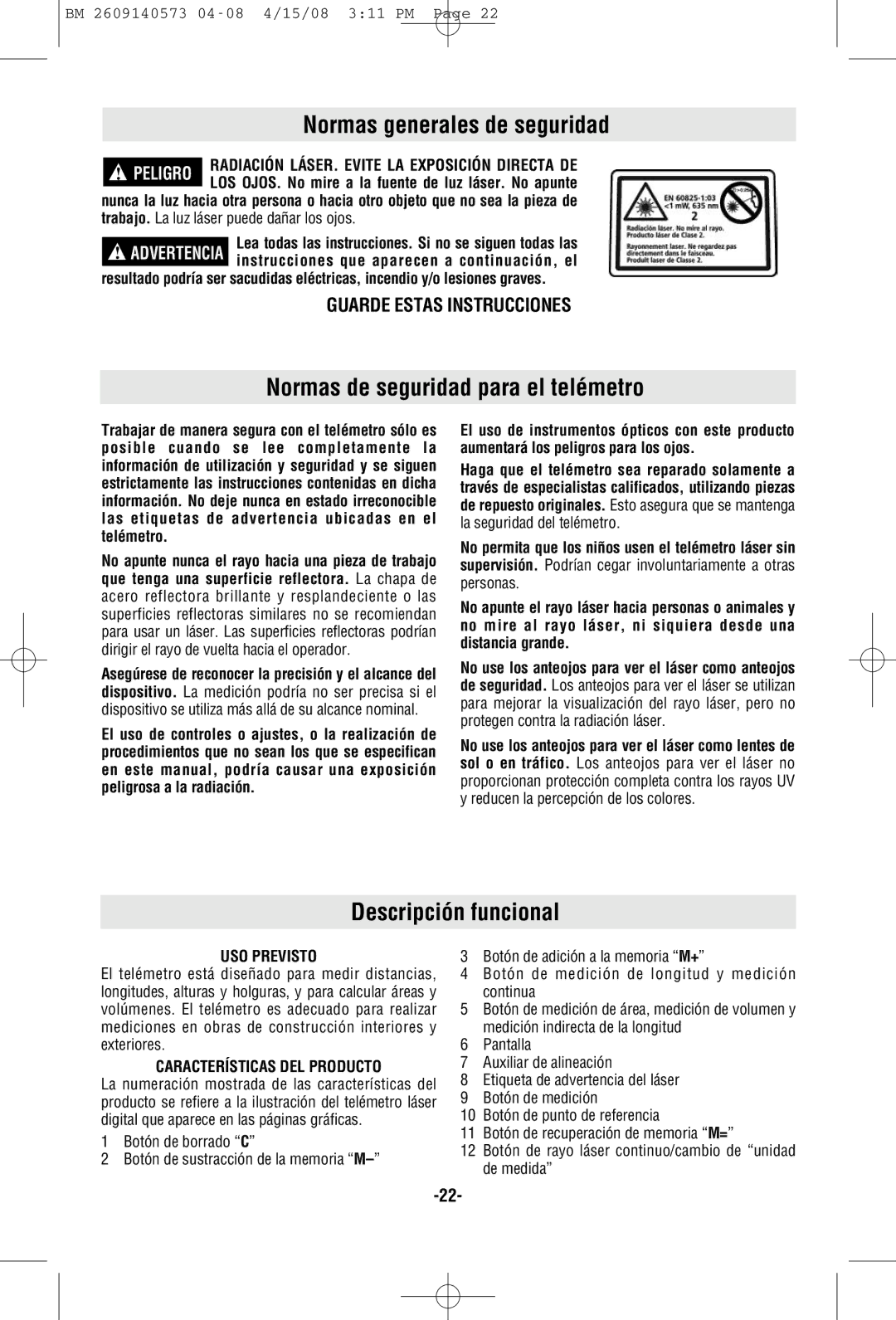 Bosch Power Tools DLR165 manual Normas generales de seguridad, Normas de seguridad para el telémetro, Descripción funcional 