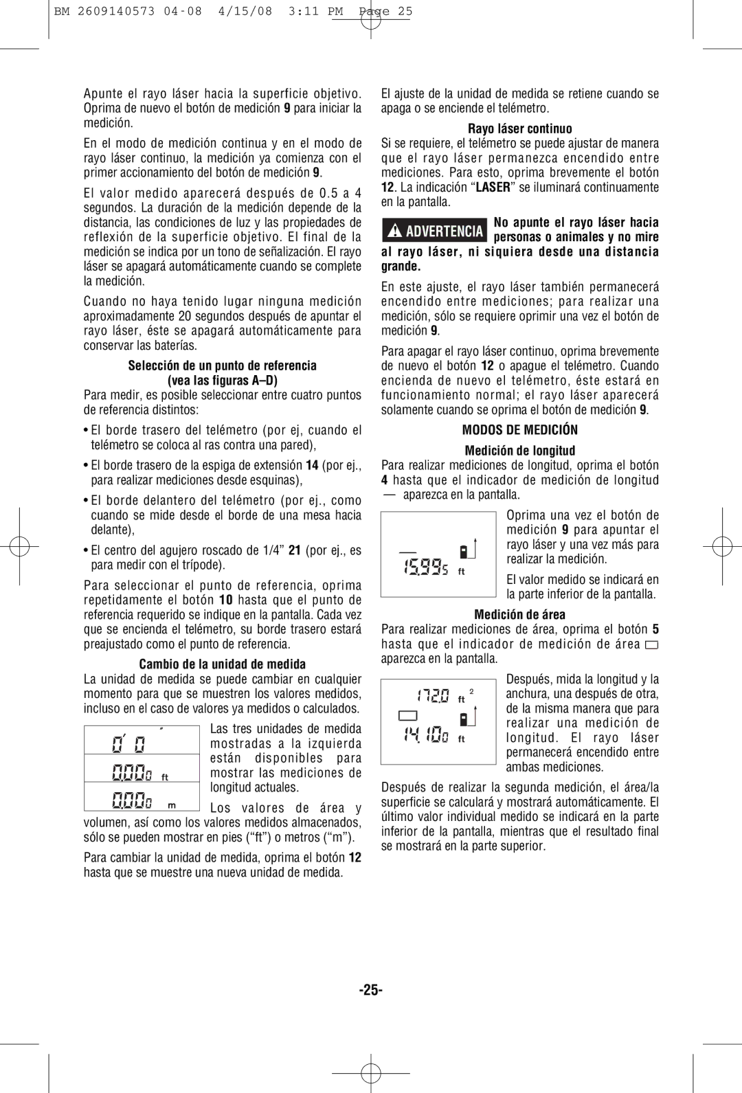 Bosch Power Tools DLR165 manual Modos DE Medición 