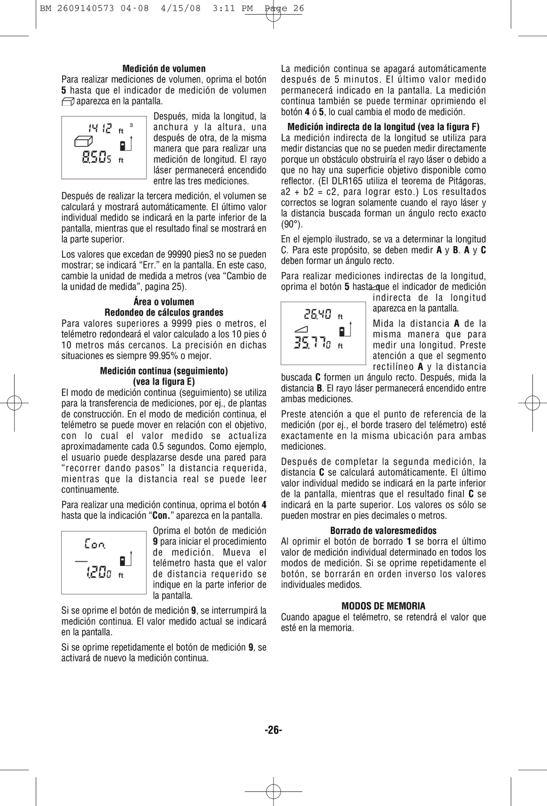 Bosch Power Tools DLR165 manual Medición de volumen, Área o volumen Redondeo de cálculos grandes, Borrado de valoresmedidos 