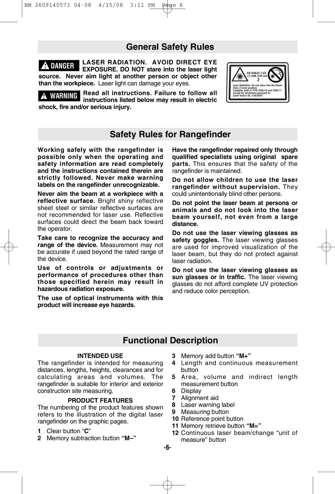 Bosch Power Tools DLR165 manual General Safety Rules, Safety Rules for Rangefinder, Functional Description, Intended USE 