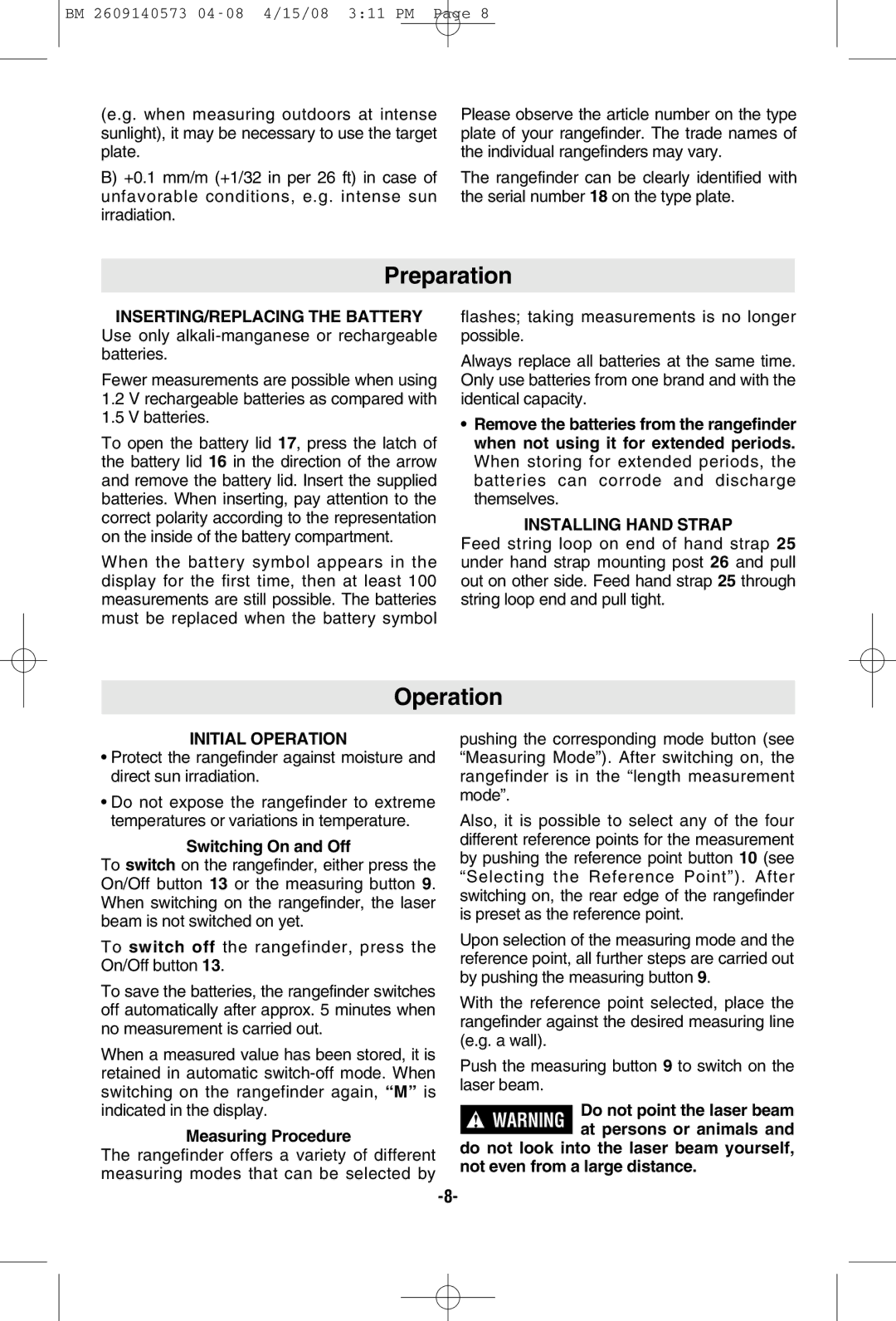 Bosch Power Tools DLR165 manual Preparation, Installing Hand Strap, Initial Operation 