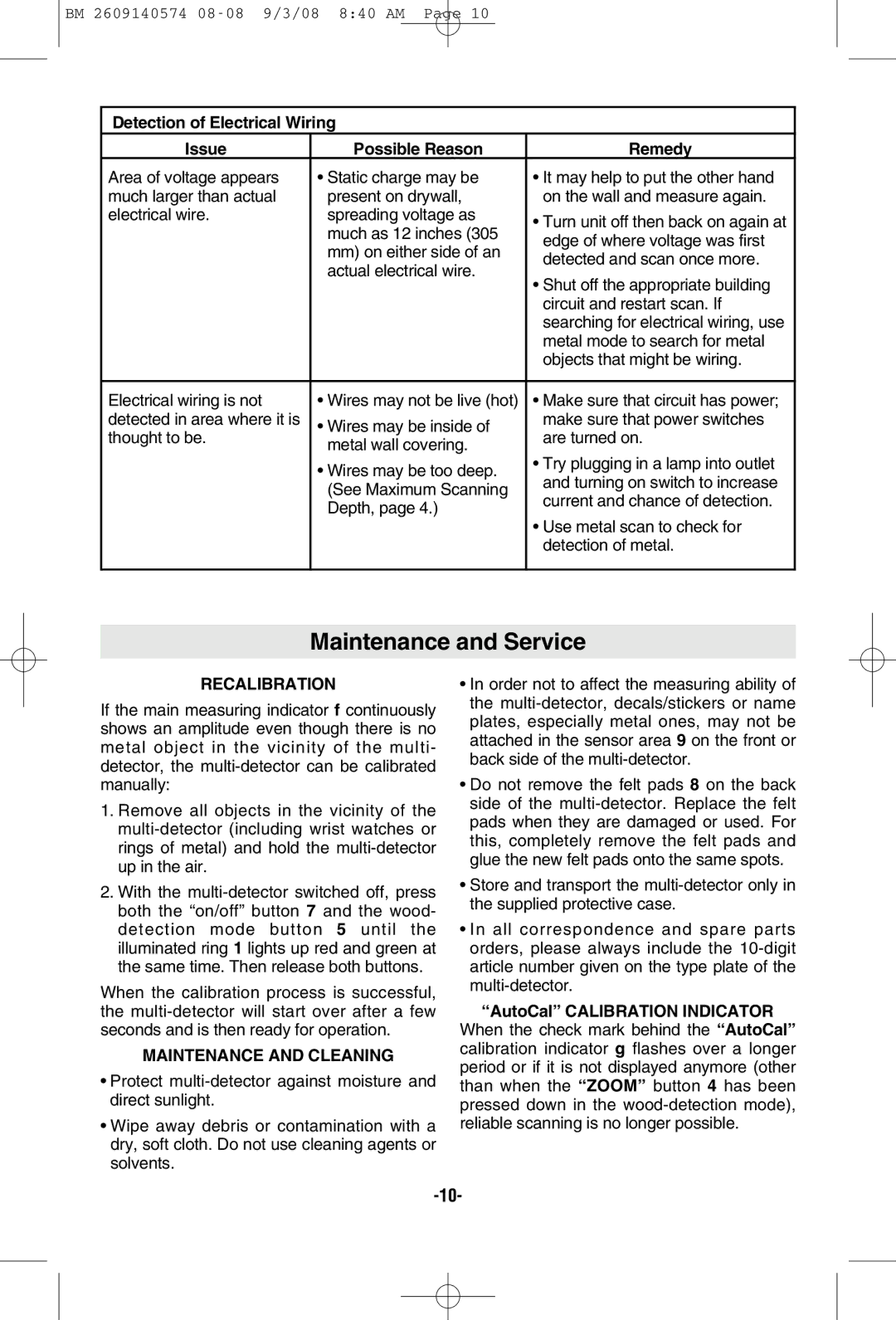 Bosch Power Tools DMD4 Maintenance and Service, Detection of Electrical Wiring Issue Possible Reason Remedy, Recalibration 