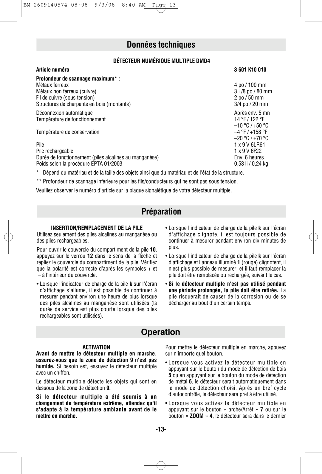 Bosch Power Tools DMD4 manual Données techniques, Préparation, Operation, INSERTION/REMPLACEMENT DE LA Pile, Activation 