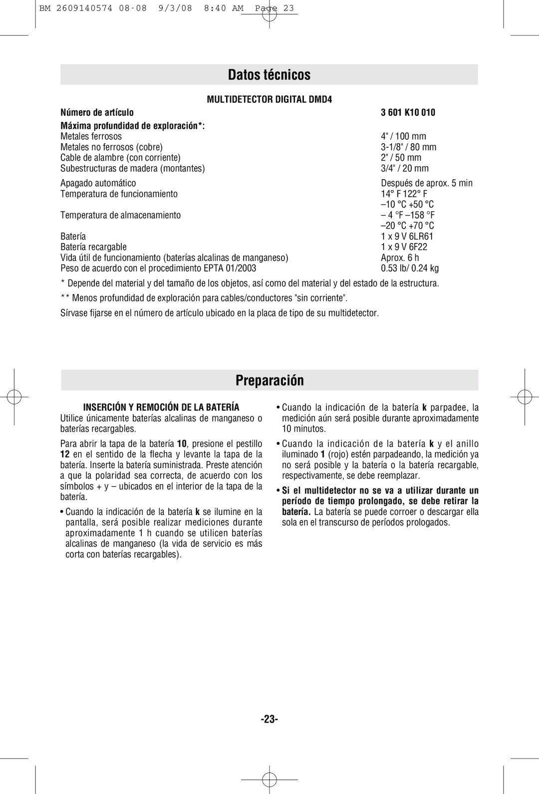 Bosch Power Tools Datos técnicos, Preparación, Multidetector Digital DMD4, Después de aprox min 14 F 122 F 10 C +50 C 