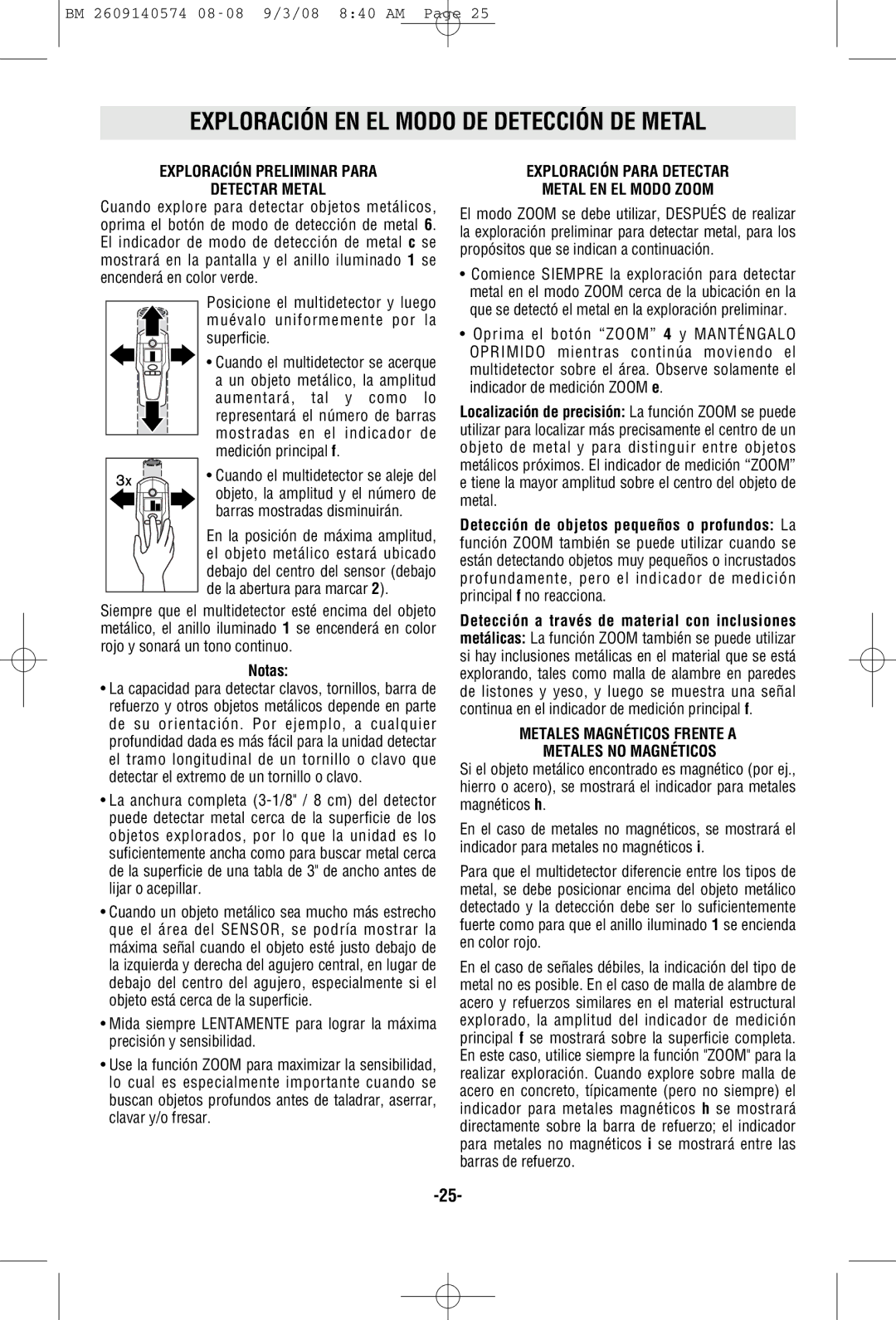 Bosch Power Tools DMD4 Exploración EN EL Modo DE Detección DE Metal, Exploración Preliminar Para Detectar Metal, Notas 