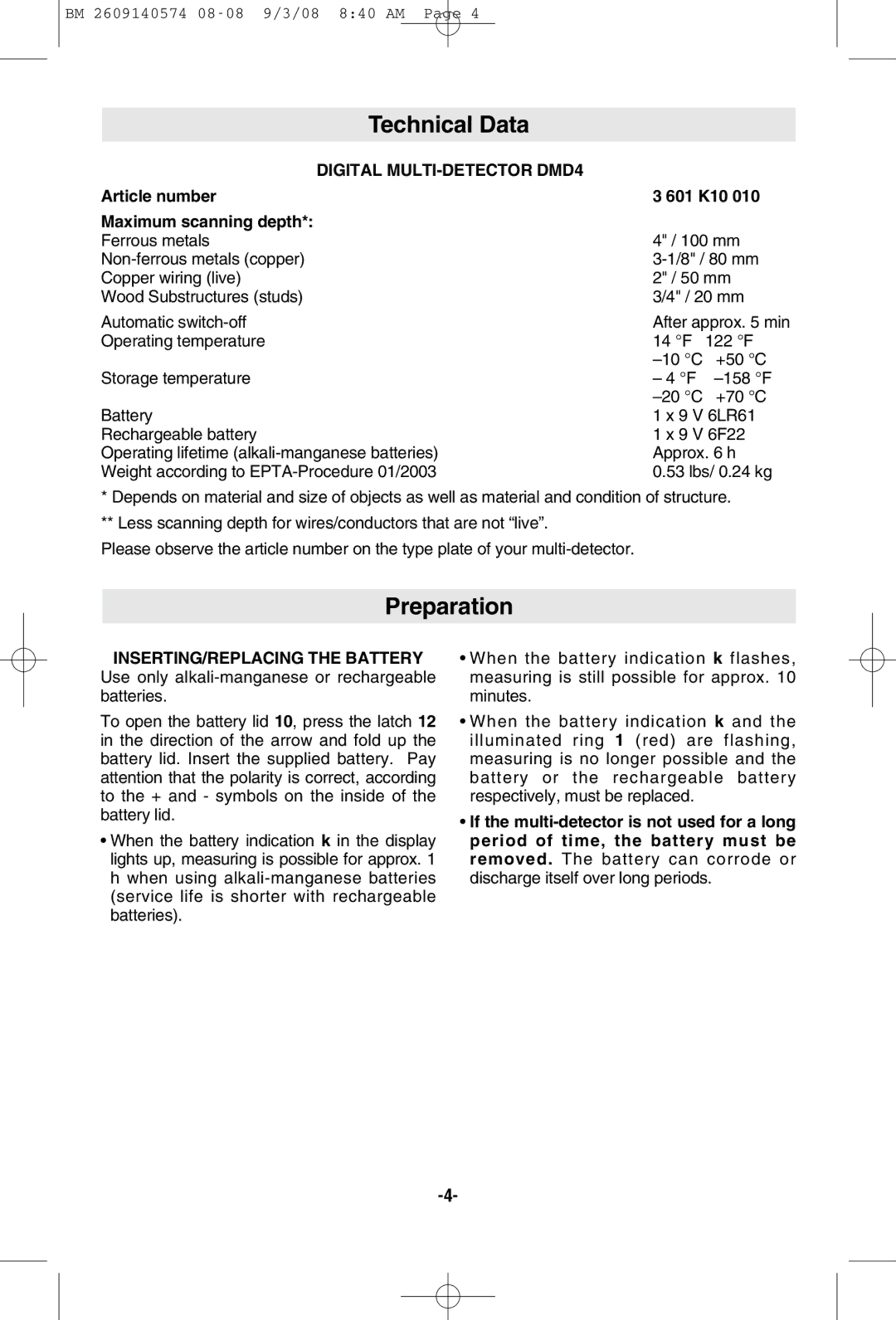 Bosch Power Tools manual Technical Data, Preparation, Digital MULTI-DETECTOR DMD4 