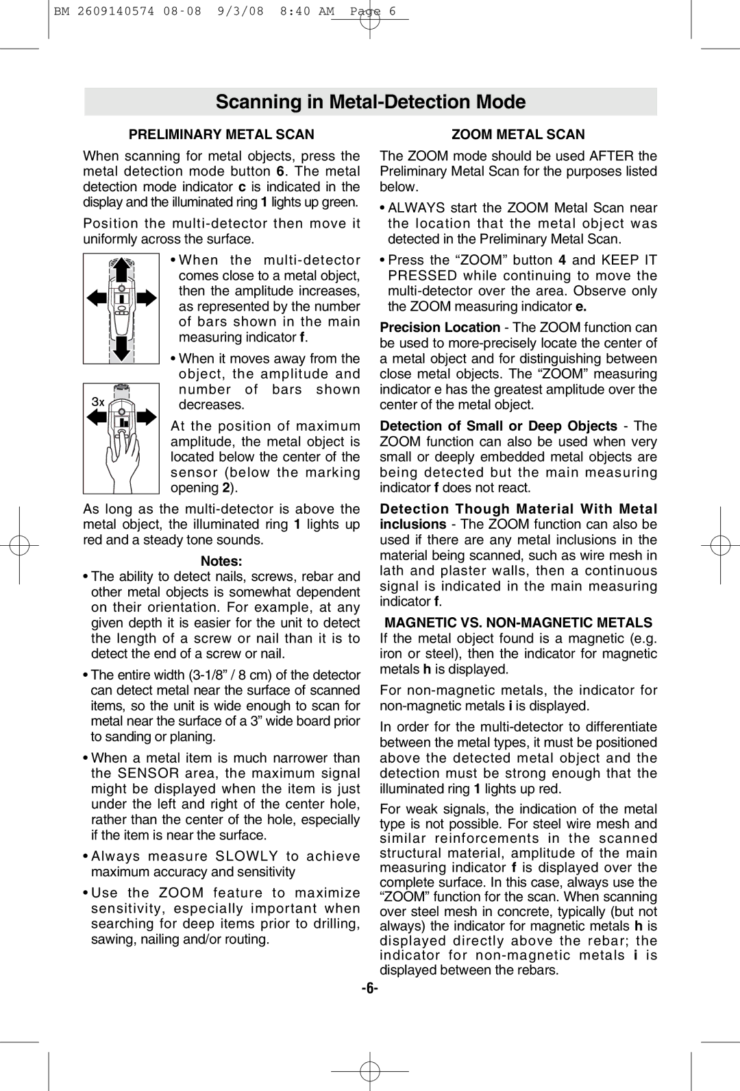 Bosch Power Tools DMD4 manual Scanning in Metal-Detection Mode, Preliminary Metal Scan Zoom Metal Scan 