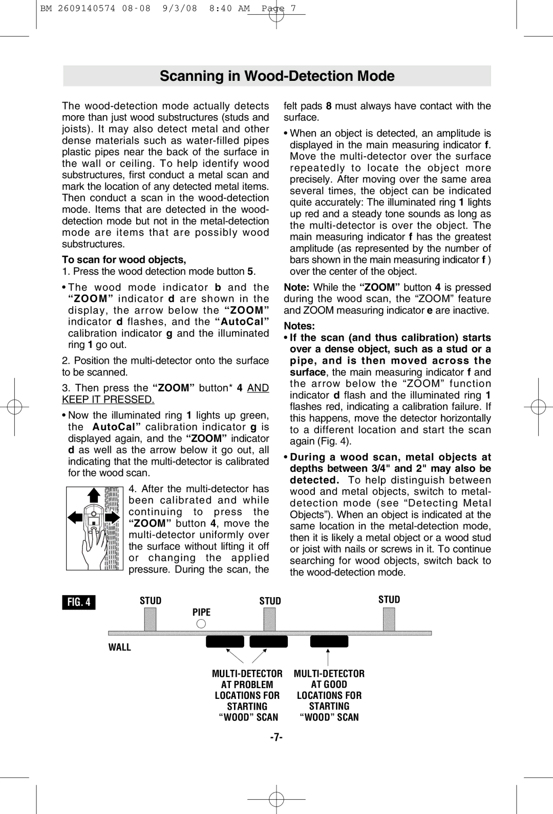 Bosch Power Tools DMD4 manual Scanning in Wood-Detection Mode, To scan for wood objects, Wall 