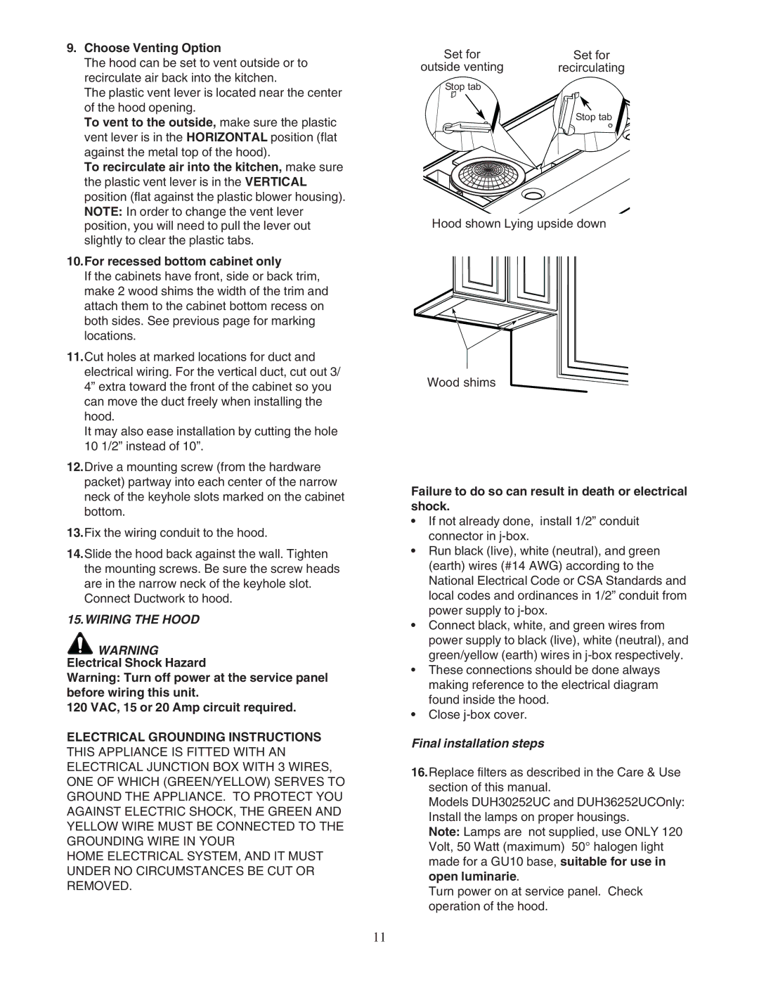 Bosch Power Tools DUH installation manual Choose Venting Option, 120 VAC, 15 or 20 Amp circuit required 