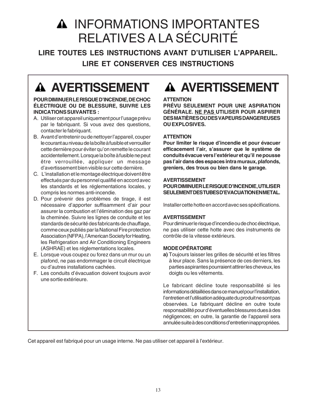 Bosch Power Tools DUH installation manual Avertissement, Modeopératoire 