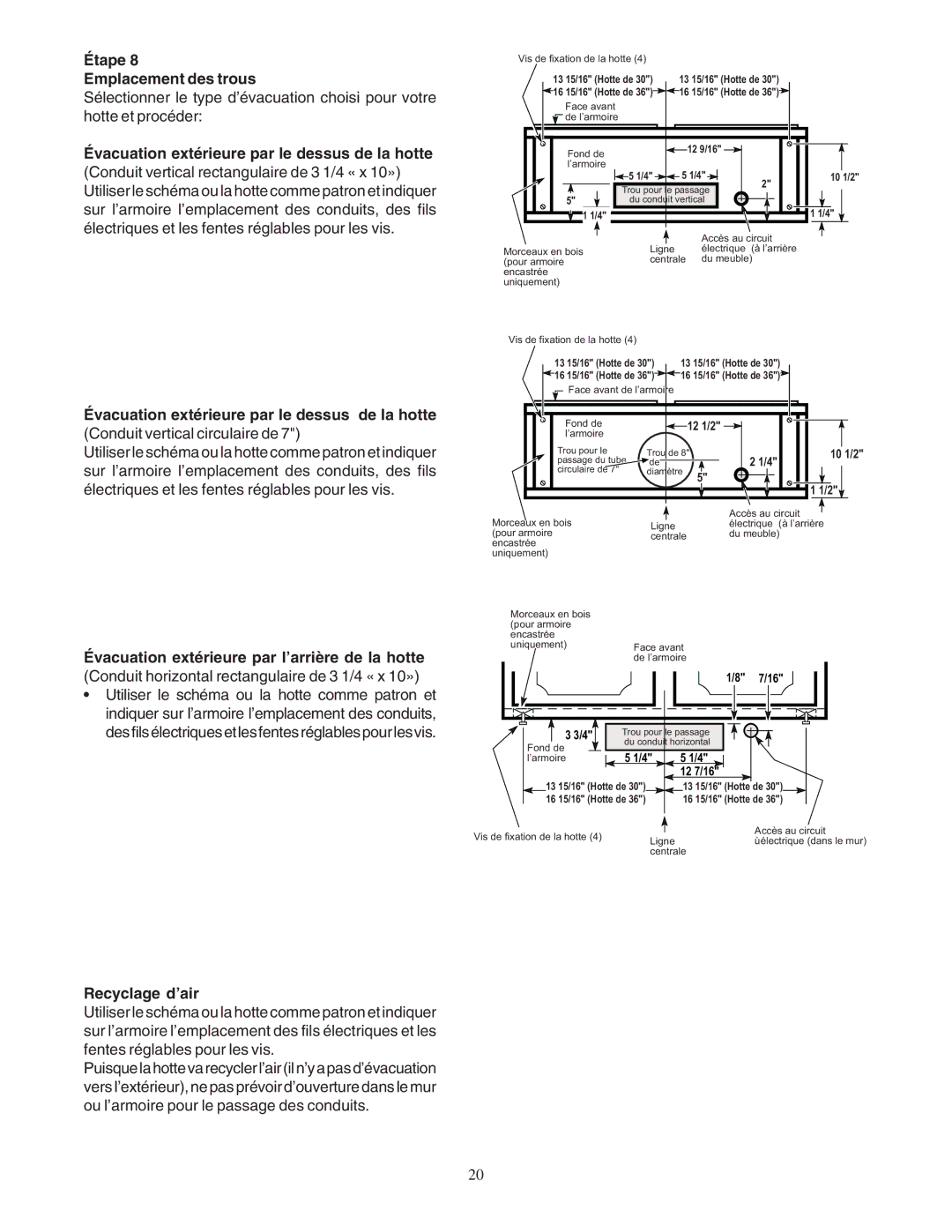 Bosch Power Tools DUH Étape Emplacement des trous, Évacuation extérieure par le dessus de la hotte, Recyclage d’air 