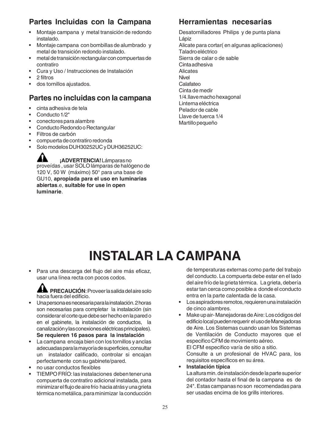 Bosch Power Tools DUH Instalar LA Campana, Partes Incluidas con la Campana Herramientas necesarias, Instalación típica 