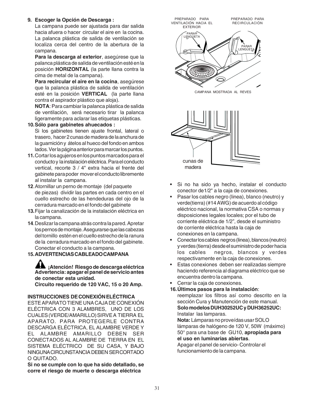 Bosch Power Tools DUH Escoger la Opción de Descarga, 10.Sólo para gabinetes ahuecados, Advertenciascableadocampana 