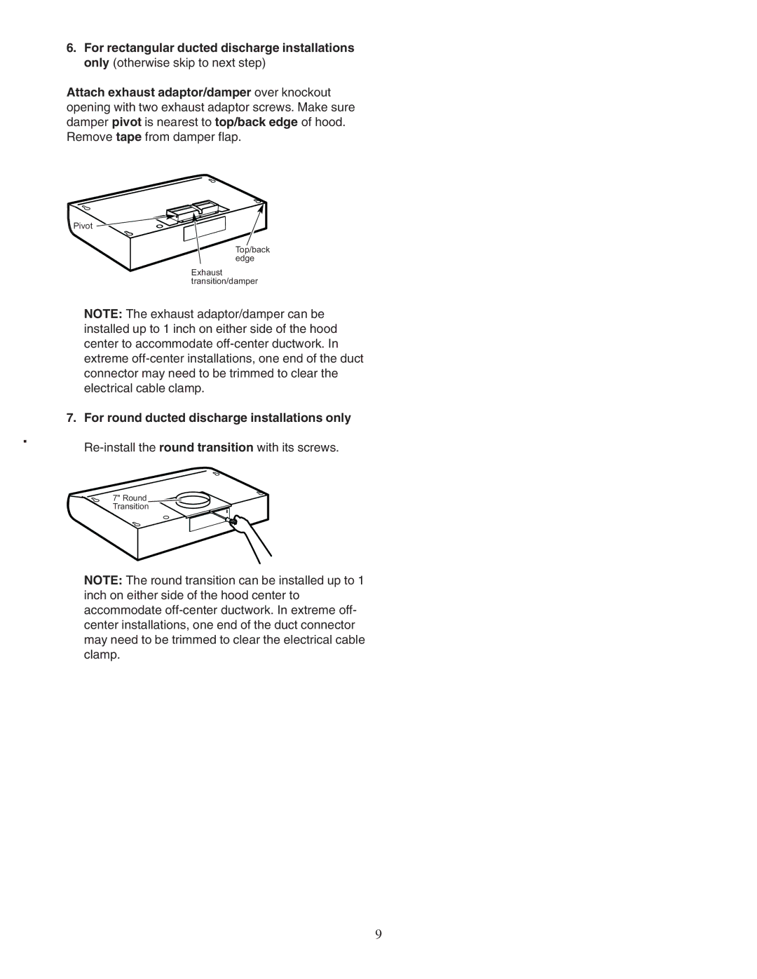 Bosch Power Tools DUH installation manual Pivot Top/back edge Exhaust transition/damper 