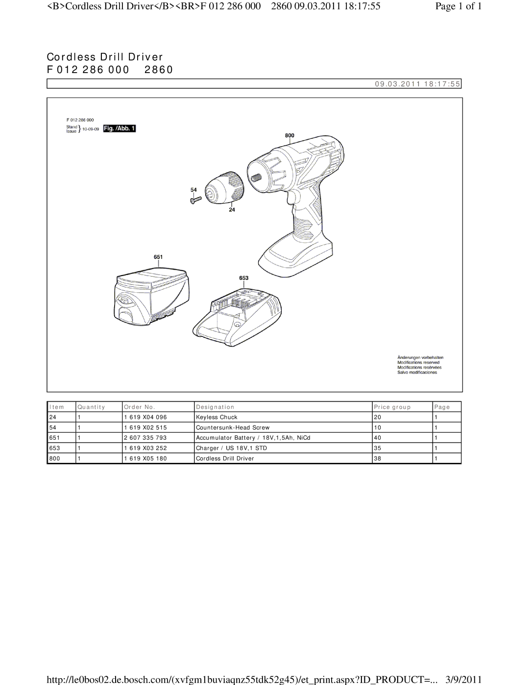 Bosch Power Tools F 012 286 000 2860 manual Cordless Drill Driver 012 286 000, 09.03.2011 