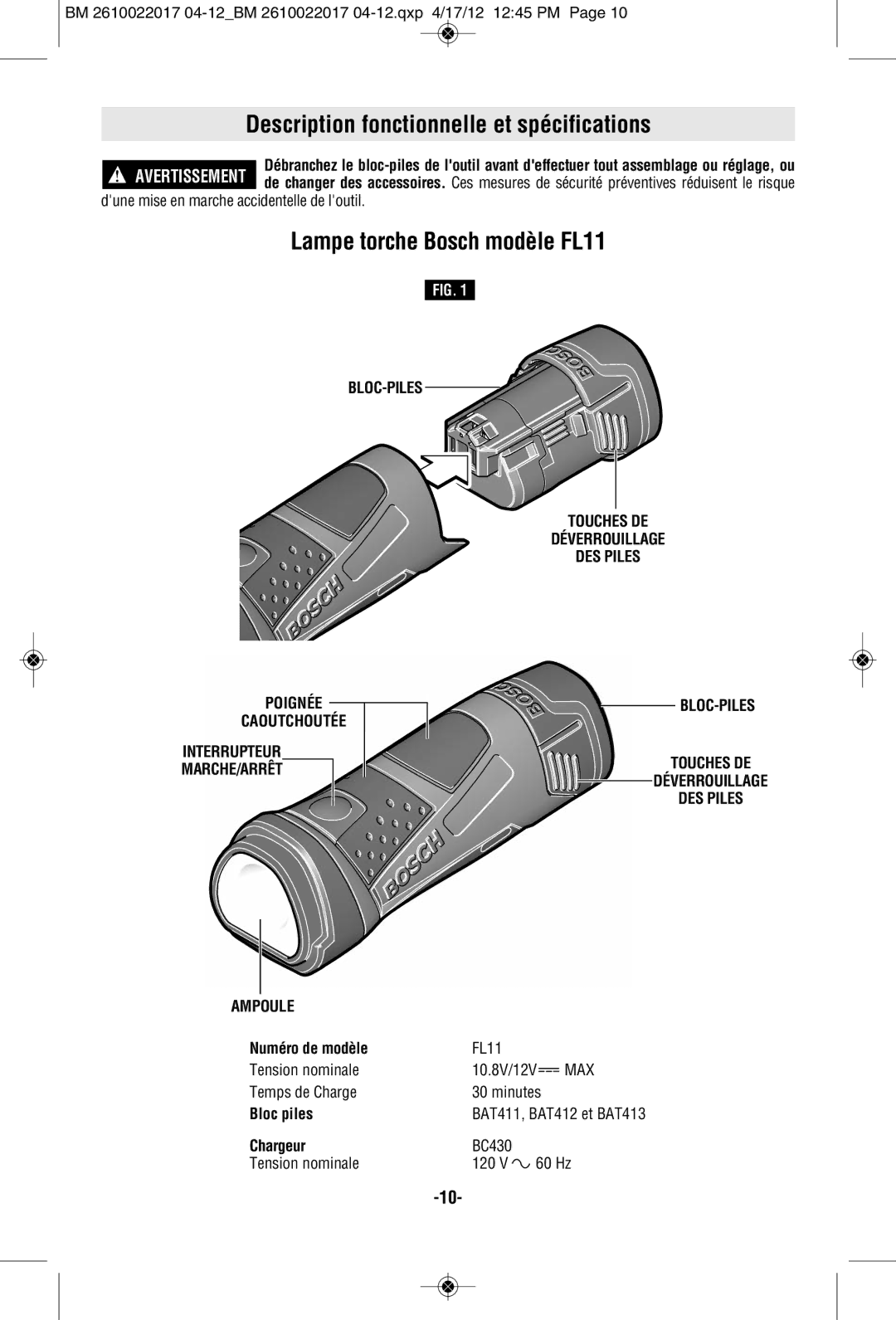 Bosch Power Tools FL11A Description fonctionnelle et spécifications, Lampe torche Bosch modèle FL11, Numéro de modèle 