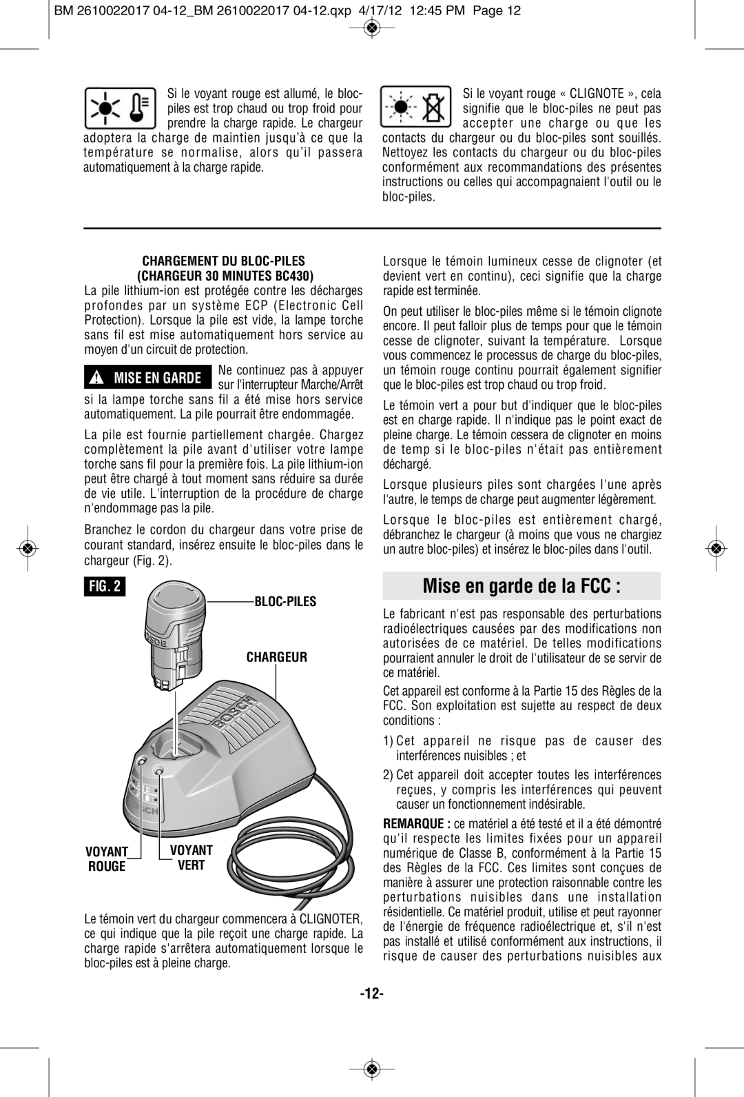 Bosch Power Tools FL11A manual Mise en garde de la FCC, BLOC-PILES Chargeur, Vert 