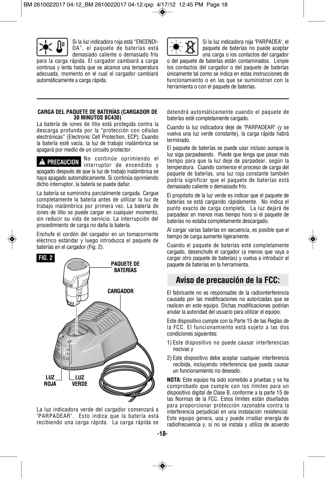 Bosch Power Tools FL11A Aviso de precaución de la FCC, Minutos BC430, Paquete DE Baterías Cargador LUZ LUZ Roja Verde 