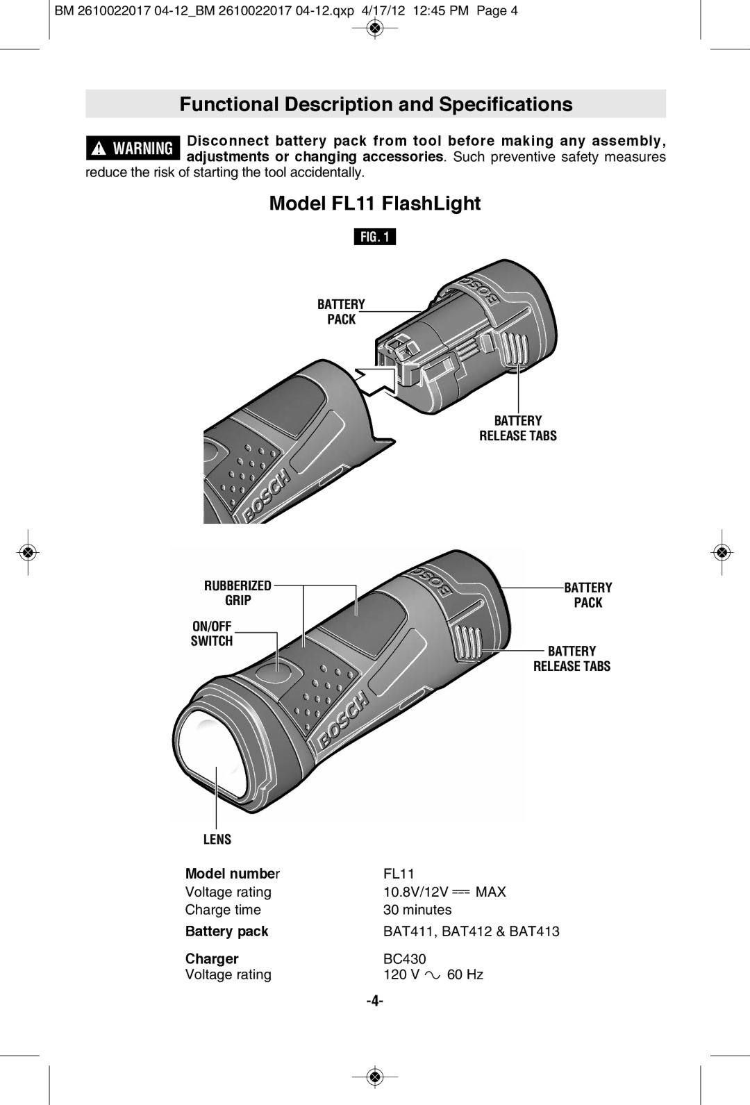 Bosch Power Tools FL11A manual Functional Description and Specifications, Model FL11 FlashLight, Battery Pack Release Tabs 