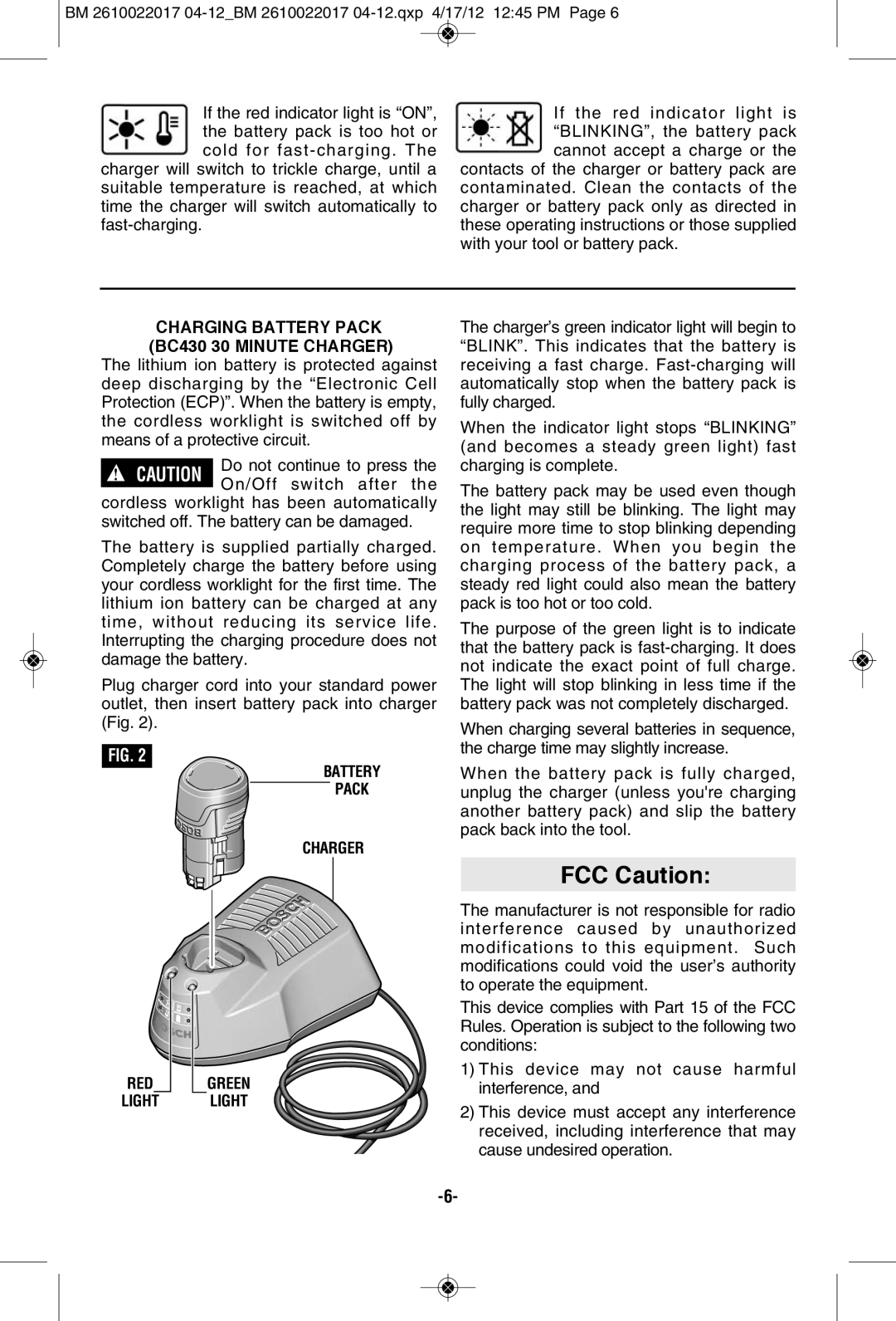 Bosch Power Tools FL11A manual FCC Caution, Charging Battery Pack BC430 30 Minute Charger 