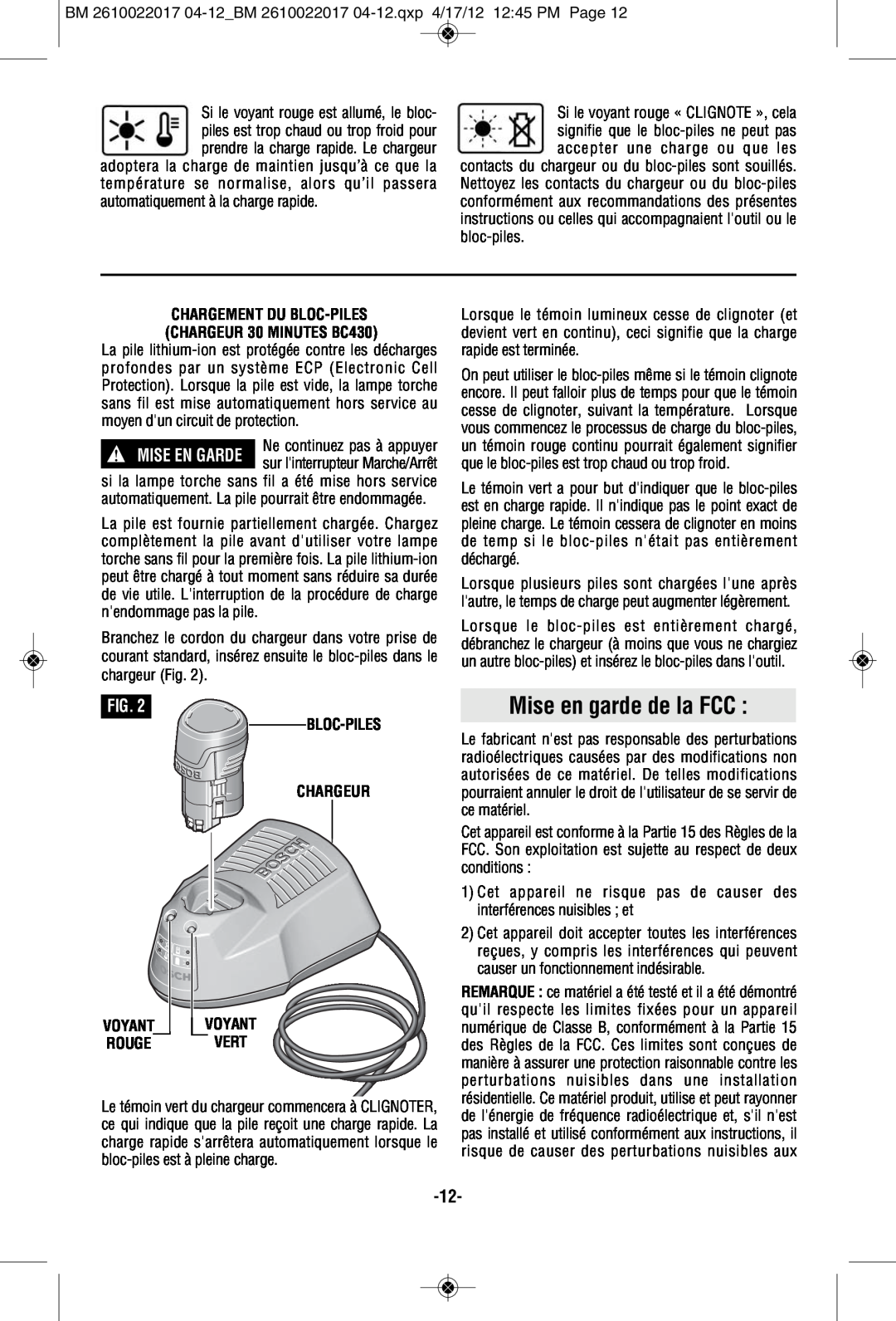 Bosch Power Tools FL11A manual Mise en garde de la FCC, Bloc-Piles Chargeur, Vert 