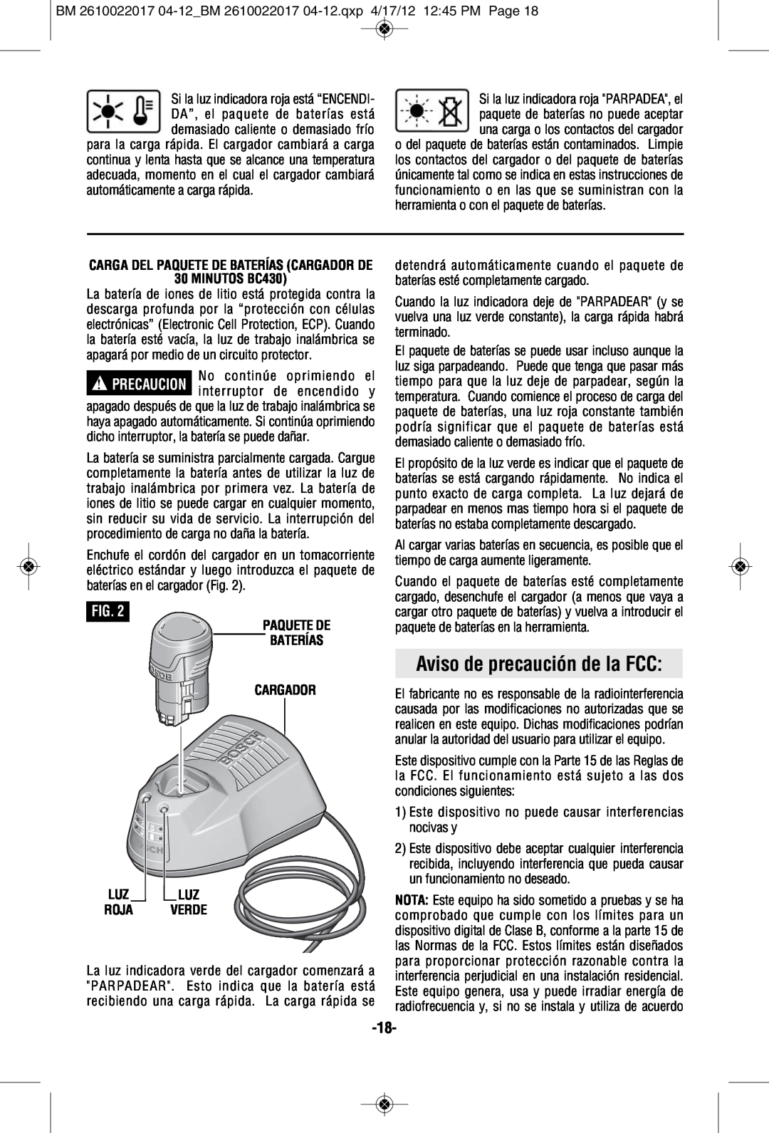 Bosch Power Tools FL11A Aviso de precaución de la FCC, MINUTOS BC430, Paquete De Baterías Cargador Luz Luz Roja Verde 