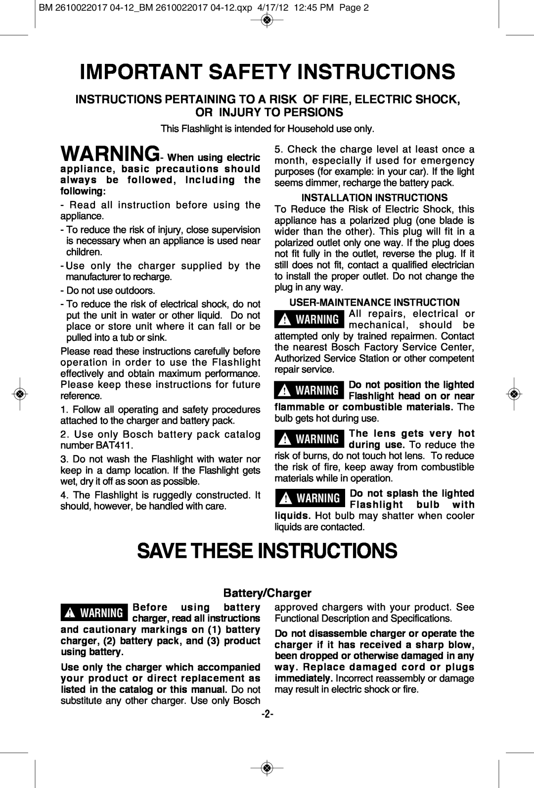 Bosch Power Tools FL11A Important Safety Instructions, Save These Instructions, Or Injury To Persions, Battery/Charger 