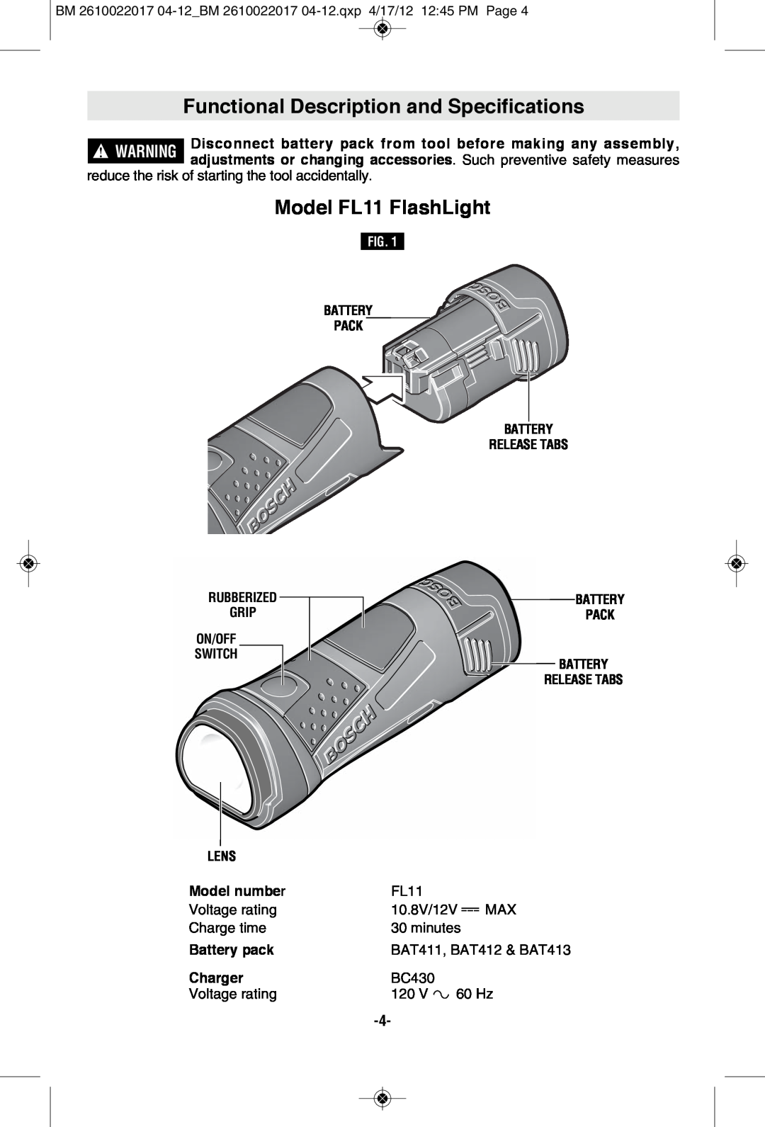 Bosch Power Tools FL11A manual Functional Description and Specifications, Model FL11 FlashLight, Battery Release Tabs 