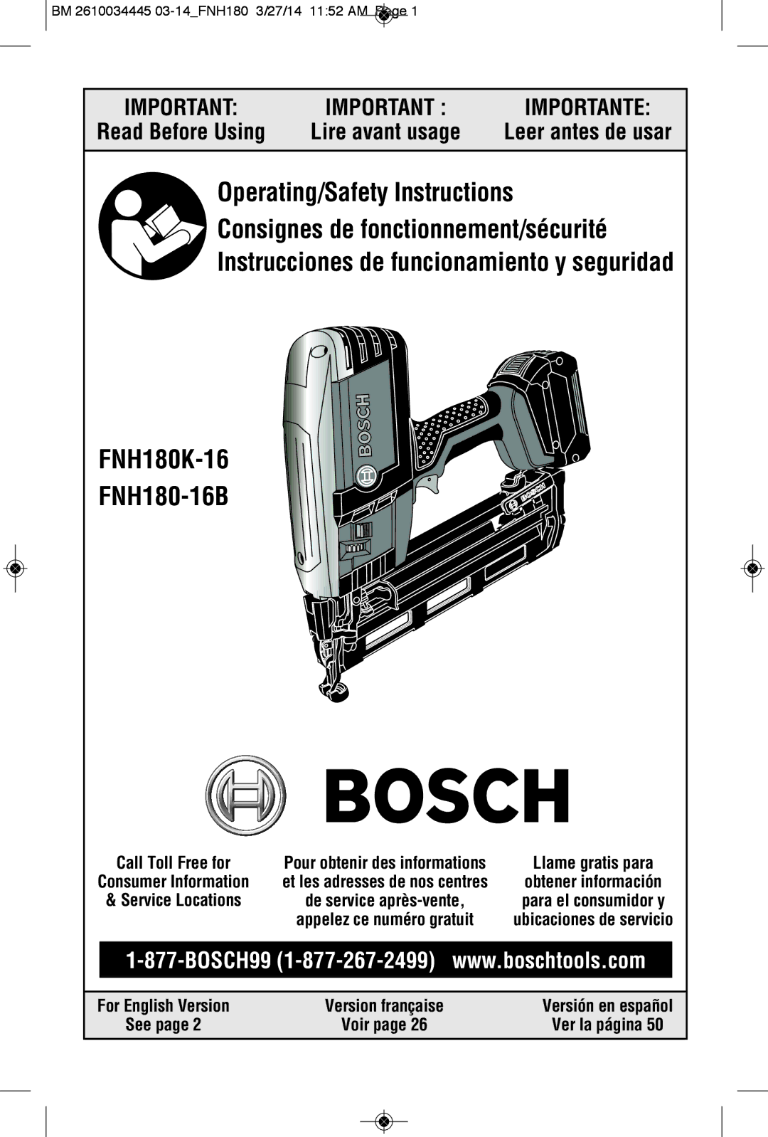 Bosch Power Tools FNH180K-16, FNH180-16BN manual Read Before Using, Leer antes de usar, Ver la página 