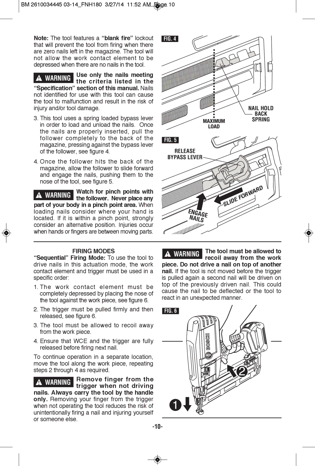 Bosch Power Tools FNH180-16BN, FNH180K-16 manual Nail Hold Back Spring Release Bypass Lever SLI, Firing Modes 