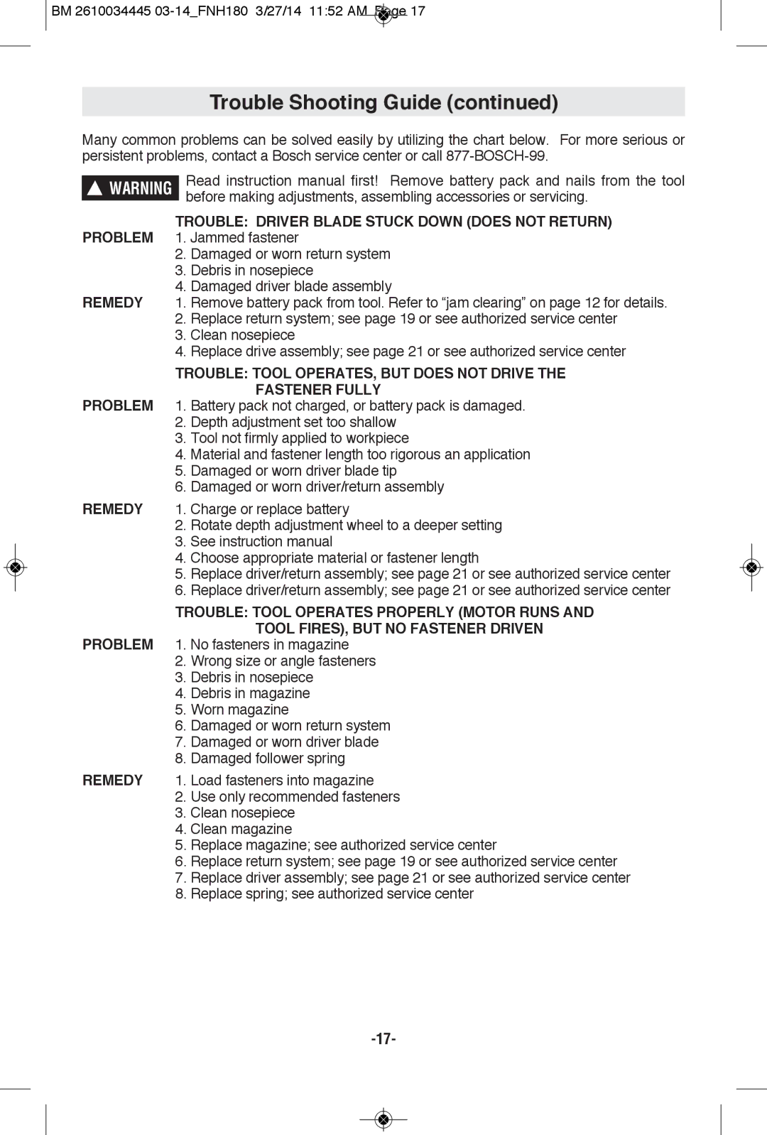 Bosch Power Tools FNH180K-16, FNH180-16BN manual REMEDy, Problem Trouble Driver Blade Stuck Down does not Return 