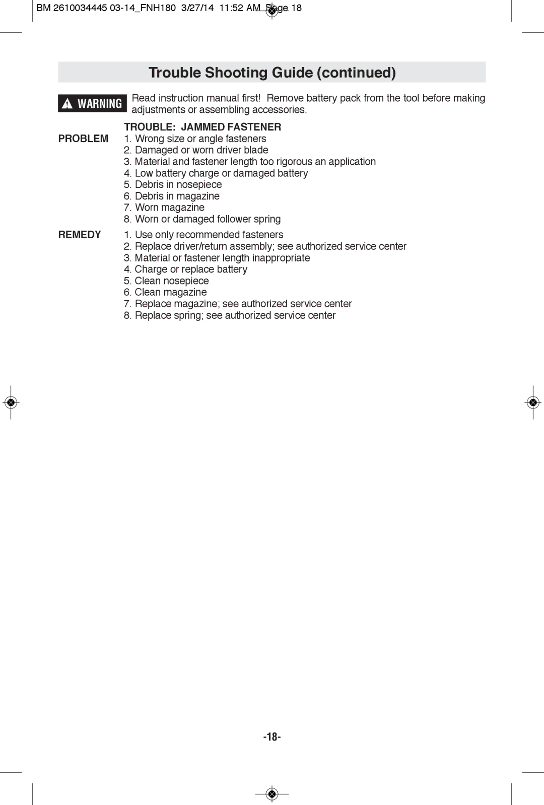 Bosch Power Tools FNH180-16BN, FNH180K-16 manual Trouble jAMMED Fastener 