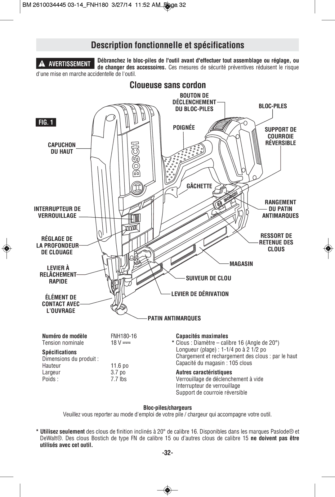 Bosch Power Tools FNH180-16BN, FNH180K-16 manual Description fonctionnelle et spécifications, Cloueuse sans cordon 