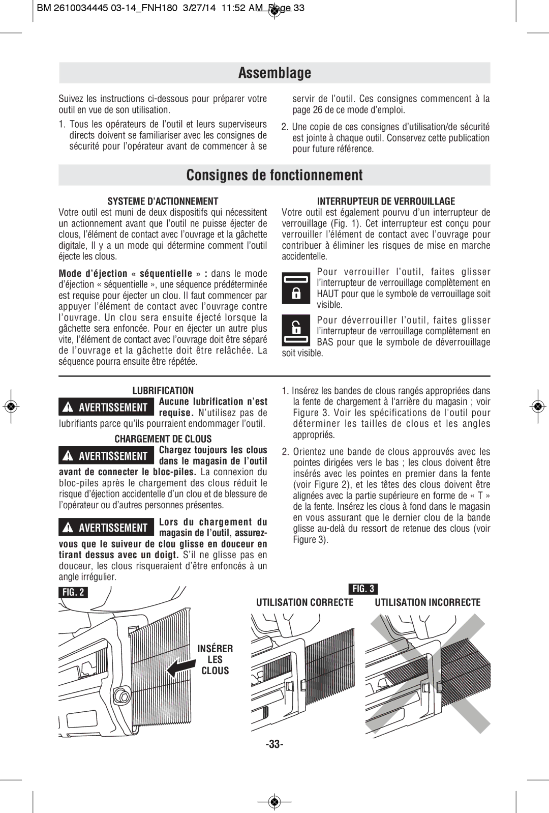 Bosch Power Tools FNH180K-16, FNH180-16BN manual Assemblage, Consignes de fonctionnement 