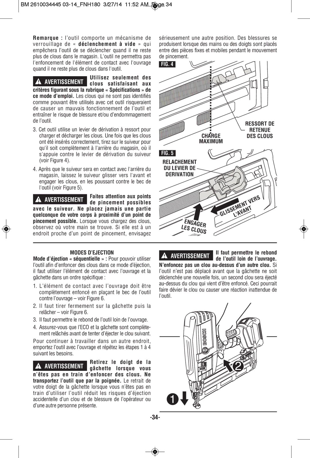 Bosch Power Tools FNH180-16BN, FNH180K-16 manual Charge DES Clous Maximum Modes D’EJECTION 