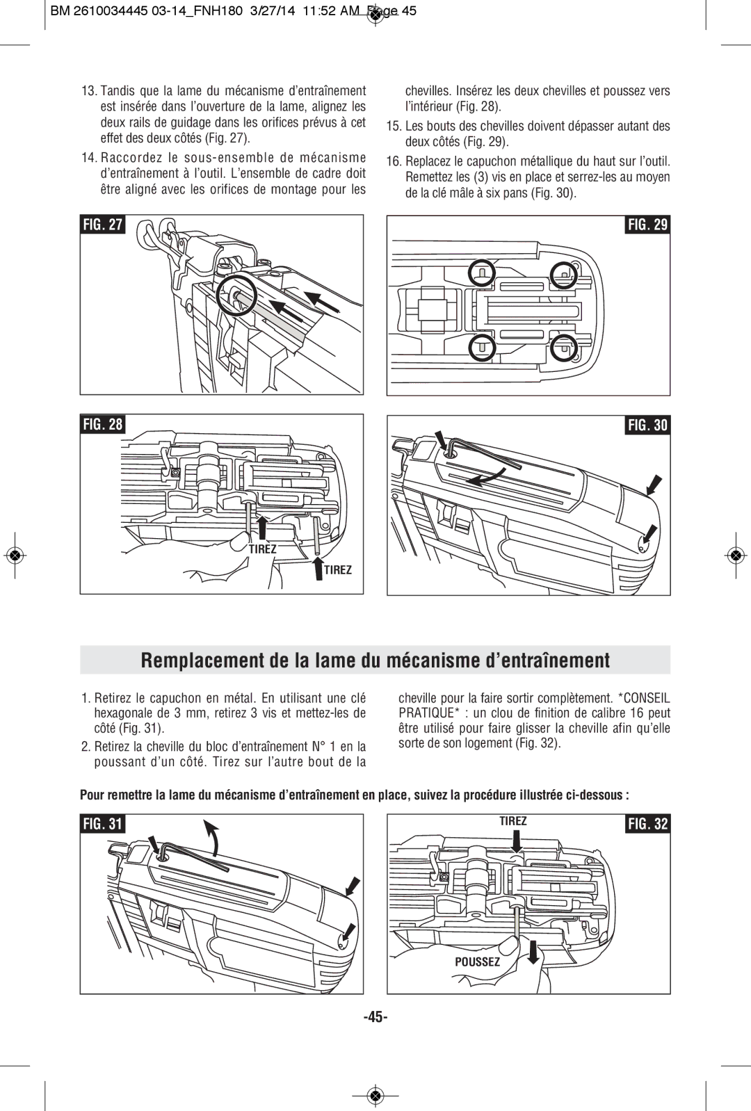 Bosch Power Tools FNH180K-16, FNH180-16BN manual Remplacement de la lame du mécanisme d’entraînement 