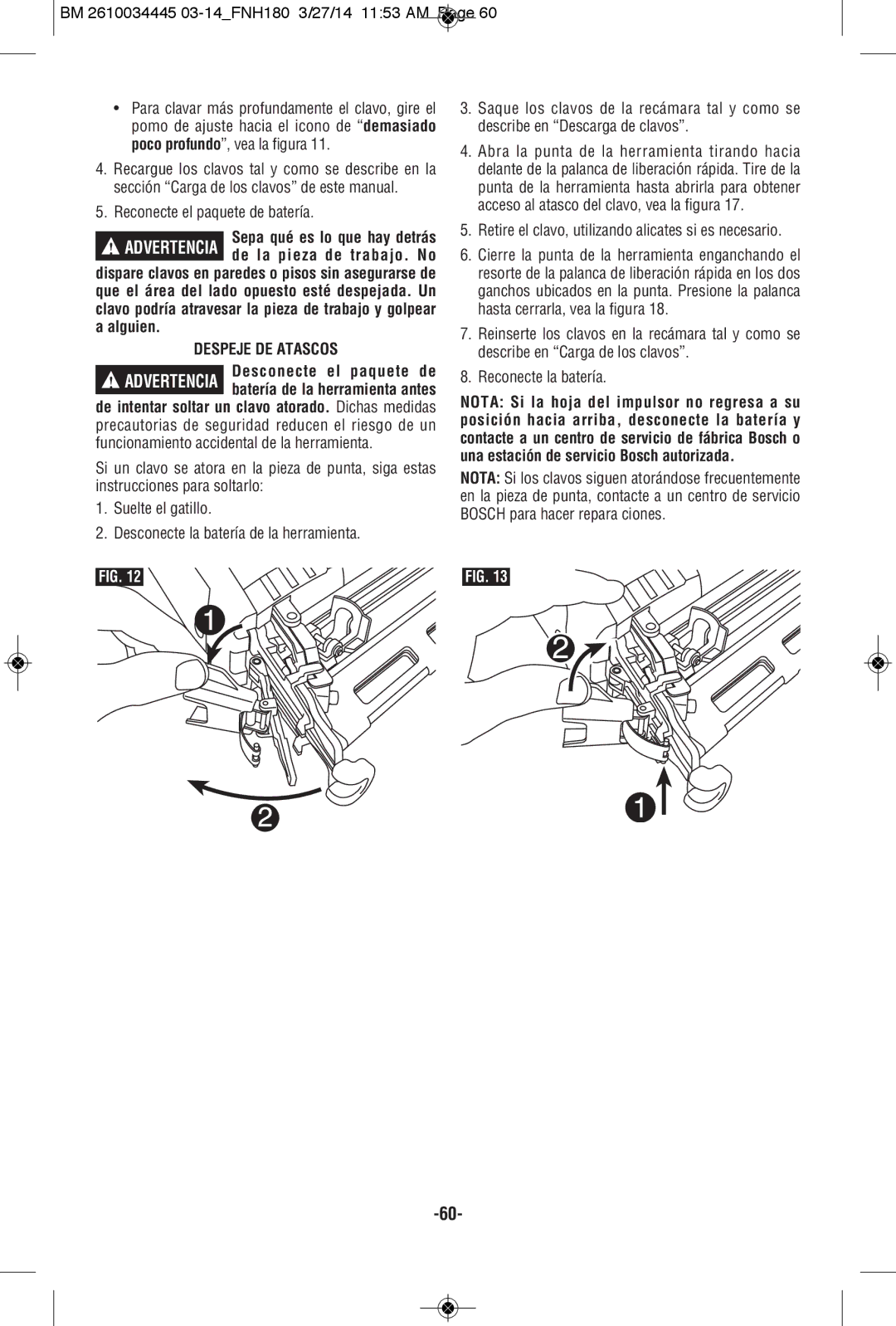 Bosch Power Tools FNH180-16BN, FNH180K-16 manual Reconecte el paquete de batería, Despeje DE Atascos 