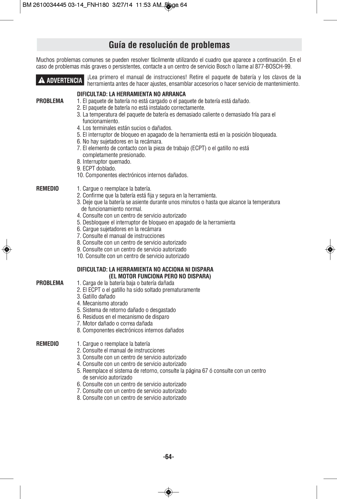 Bosch Power Tools FNH180-16BN, FNH180K-16 Guía de resolución de problemas, Dificultad LA Herramienta no Arranca, Remedio 