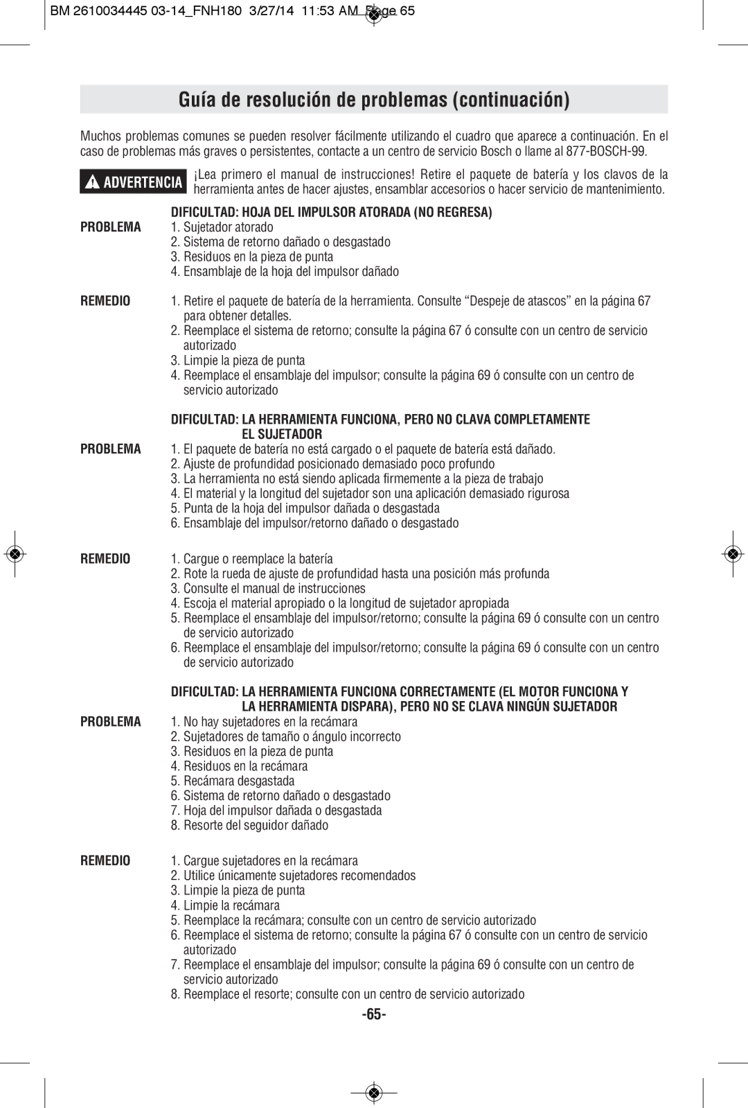 Bosch Power Tools FNH180K-16 Guía de resolución de problemas continuación, Dificultad Hoja DEL Impulsor Atorada no Regresa 