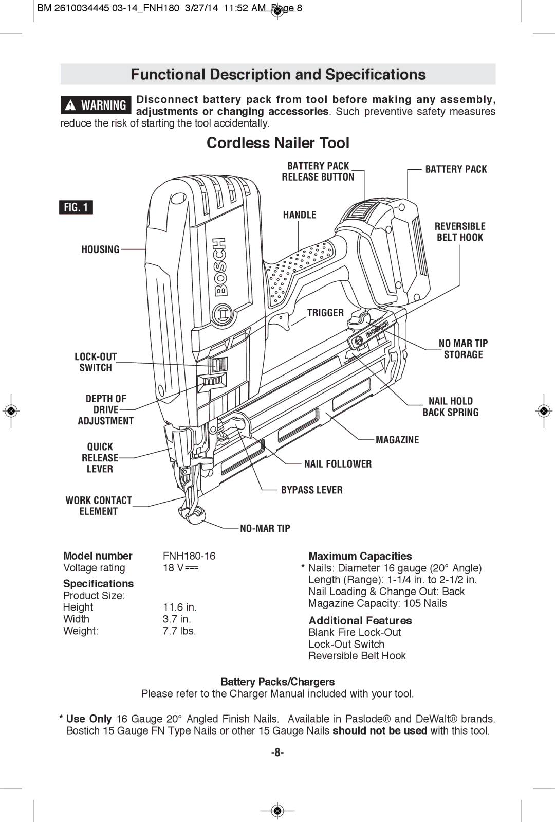 Bosch Power Tools FNH180-16BN, FNH180K-16 manual Functional Description and Specifications, Cordless Nailer Tool 